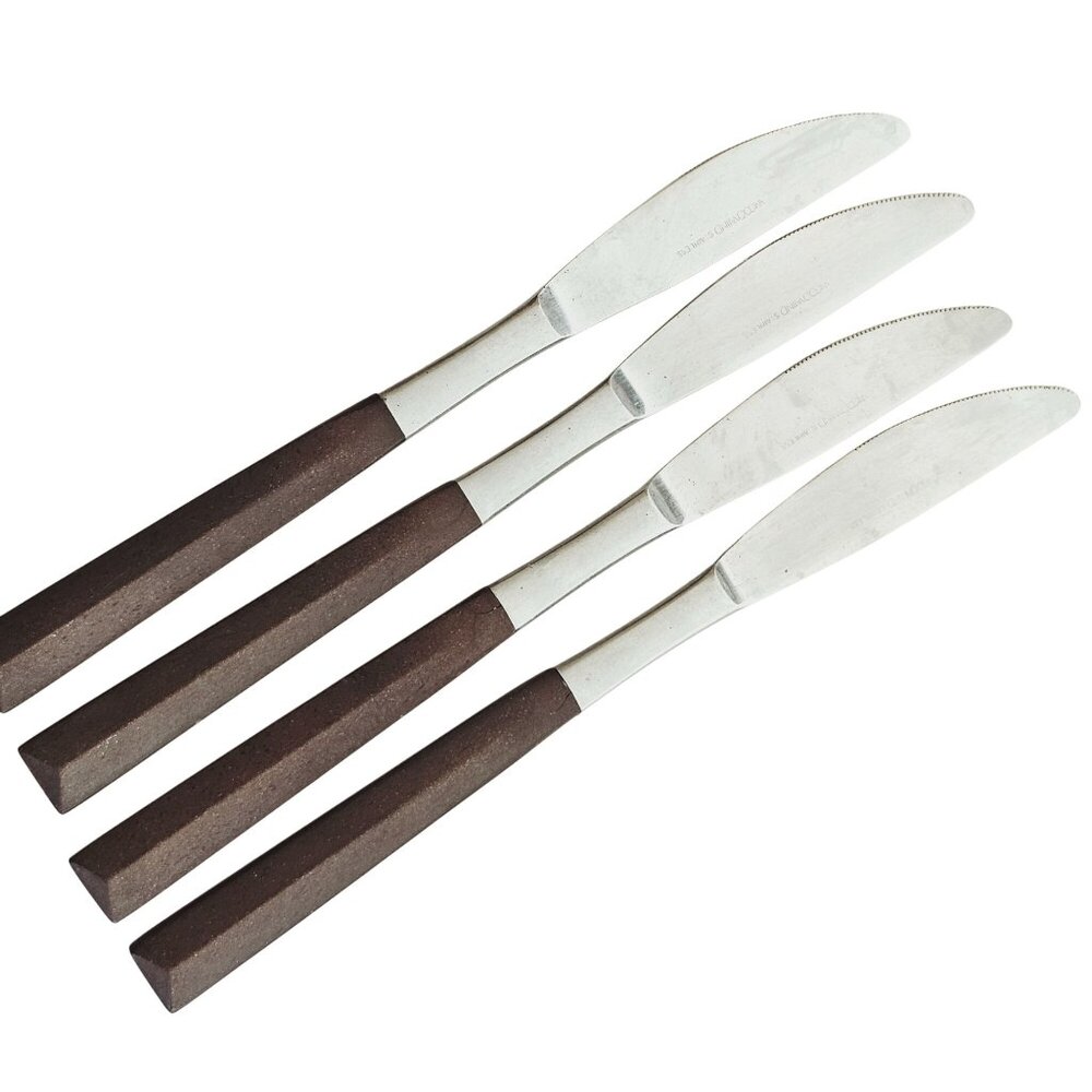 4 Woodwind Dinner Knife 8" wood-like handle vtg midcentury boho minimalist mixed - Picture 3 of 9